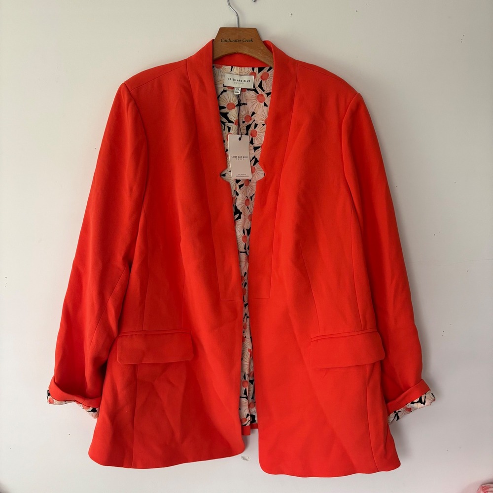 NWT Skies Are Blue Curvy Blazer 2X Orange Open Front Floral Lined